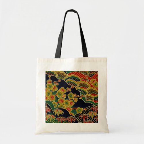 gold plum flower pattern japanese kimono textile tote bag