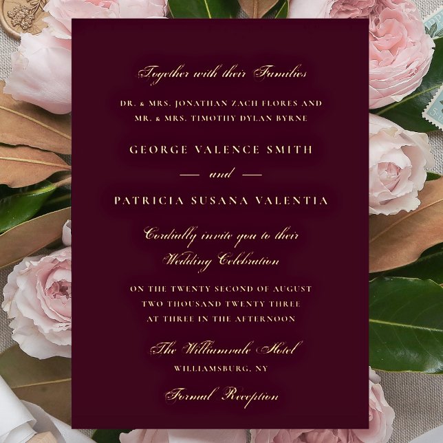 Gold Plum Maroon Formal Calligraphy Wedding Foil Invitation (Creator Uploaded)
