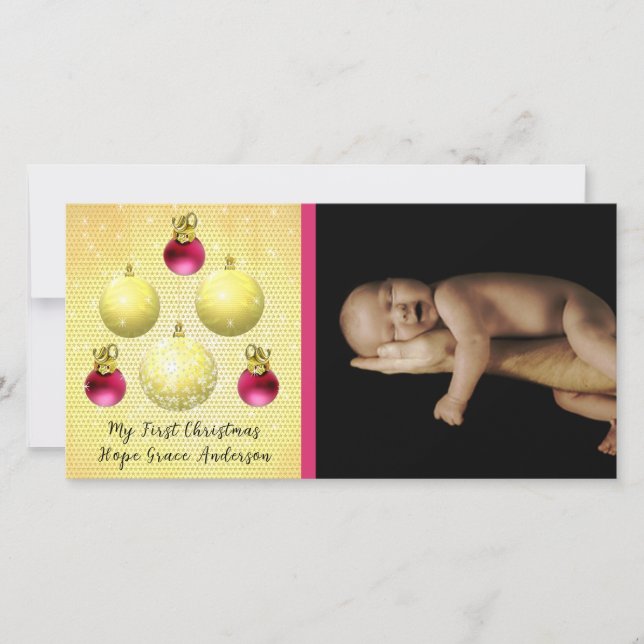 Gold & Plum Ornaments My 1st Christmas Baby Photo Holiday Card (Front)