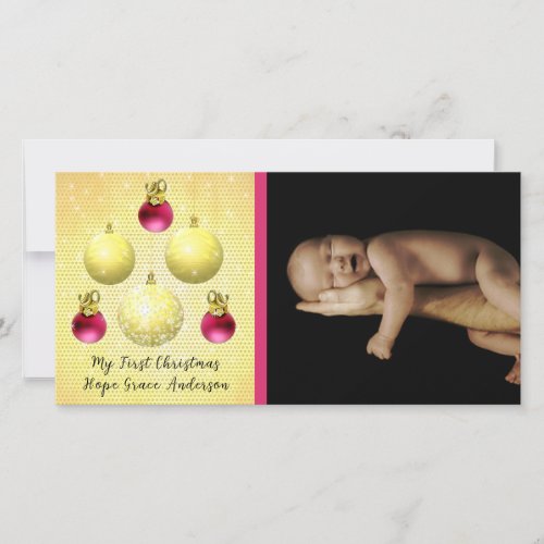 Gold  Plum Ornaments My 1st Christmas Baby Photo Holiday Card