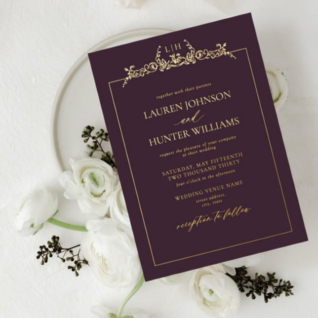 Gold Plum Purple Floral Border Monogram Wedding Foil Invitation (Creator Uploaded)