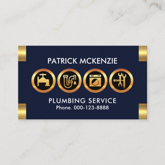Gold Plumber Icon Logo Tabs Plumbing Contractor Business Card (Front)