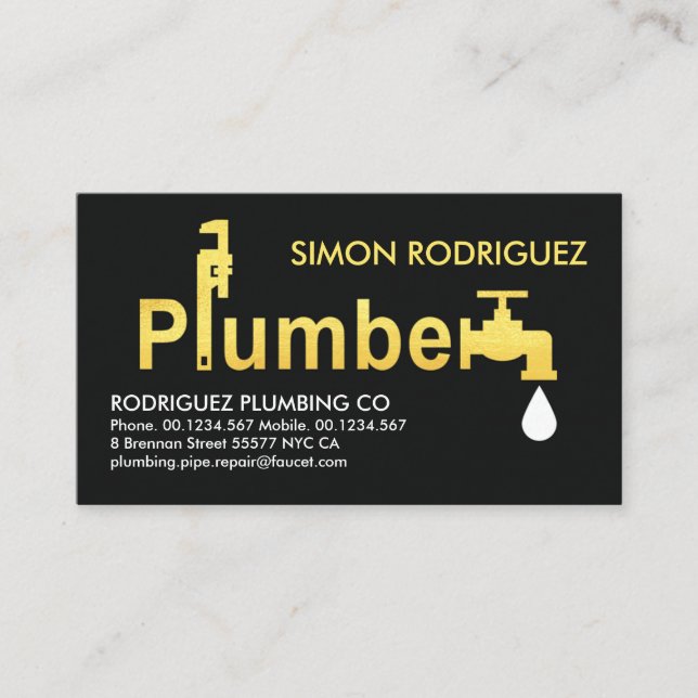Gold Plumber Signage Leaking Faucet Business Card (Front)