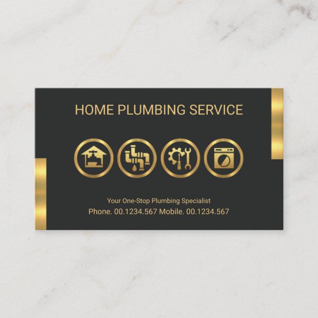 Gold Plumber Tools Motif Plumbing Service  Business Card (Front)
