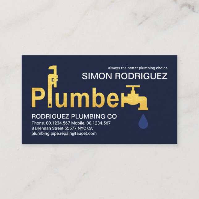 Gold Plumber Wrench Faucet Signage Business Card (Front)