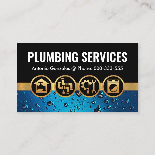 Gold Plumbing Icons On Blue Water Business Card (Front)