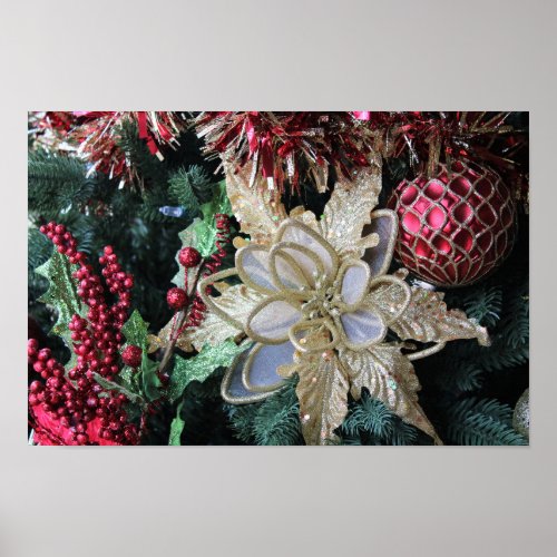 Gold Poinsettia and Red Balls on Christmas Tree Poster