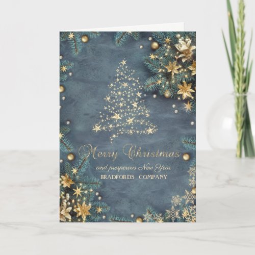  Gold PoinsettiaPine Tree BranchesStars Holiday Card