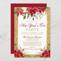 Gold Poinsettia Red Floral New Years Party Glitter Invitation