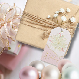 Gold Poinsettia Trendy Script Pink Happy Holiday Gift Tags