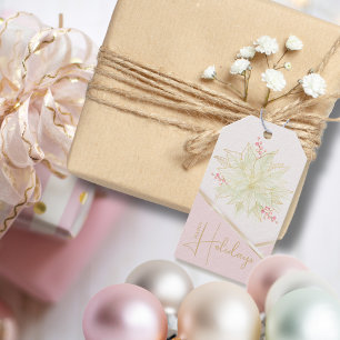 Gold Poinsettia Trendy Script Pink Happy Holiday Gift Tags