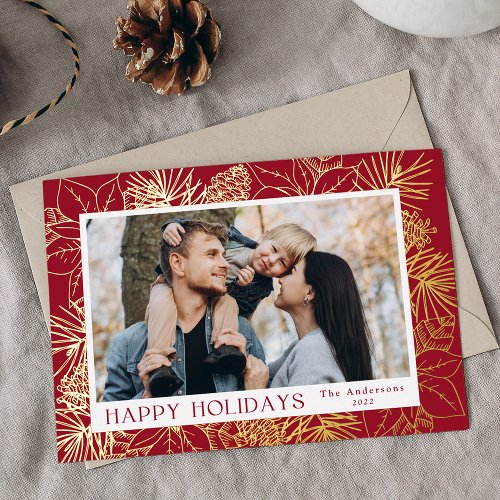Gold Poinsettias and Pinecones Foil Holiday Card