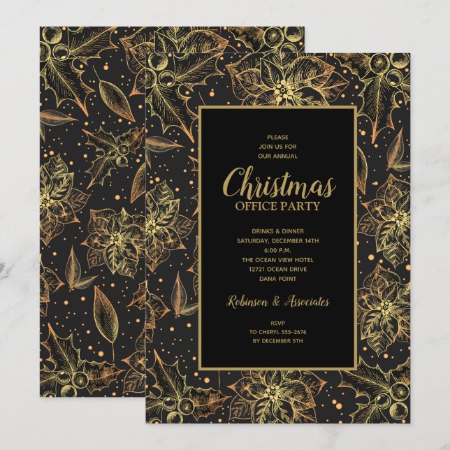 Gold Poinsettias Floral Christmas Invitations (Front/Back)