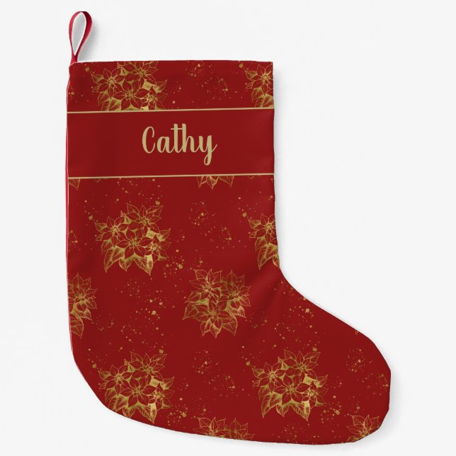 Gold Poinsettias Pattern on Red Small Christmas Stocking (Front)