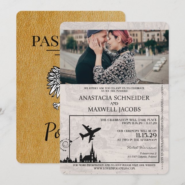 Gold Poland Passport Wedding Invitation (Front/Back)