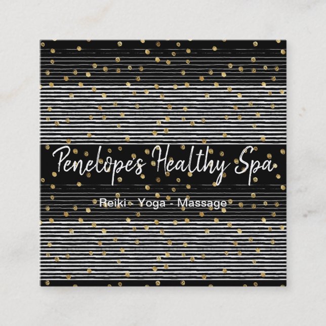 Gold Polka Dot Black White Abstract Square Business Card (Front)
