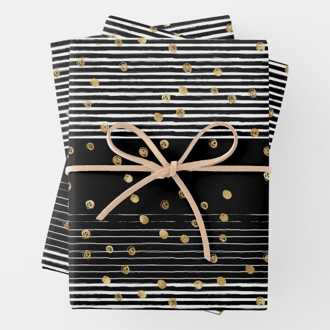 Gold Polka Dot Black White Abstract Wrapping Paper Sheets (In situ)
