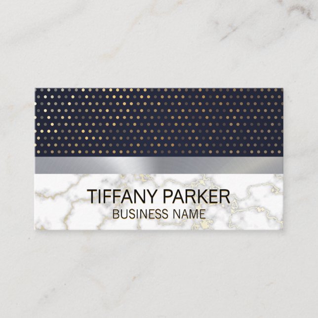 Gold Polka Dot Pattern | Metallic Silver Marble Business Card (Front)