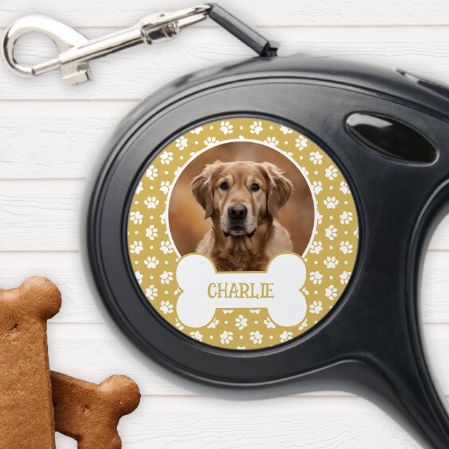 Gold Polka Dot Paw Print Dog Bone Pet Photo Retractable Pet Leash (Creator Uploaded)
