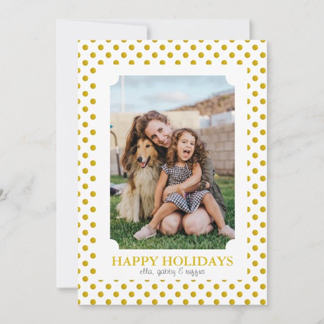 Gold Polka Dot Photo Frame Christmas  Holiday Card (Front)