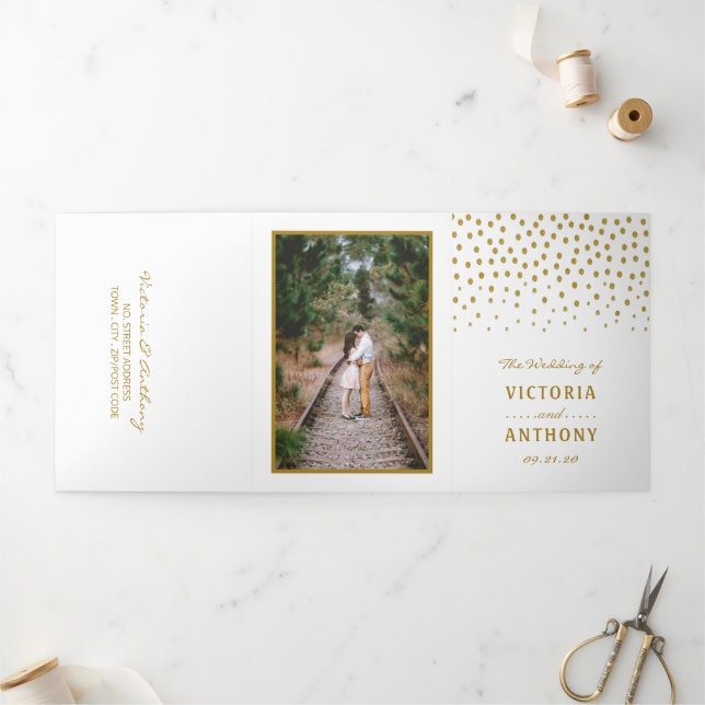Gold Polka Dot Wedding Suite Tri-Fold Invitation (Outside)