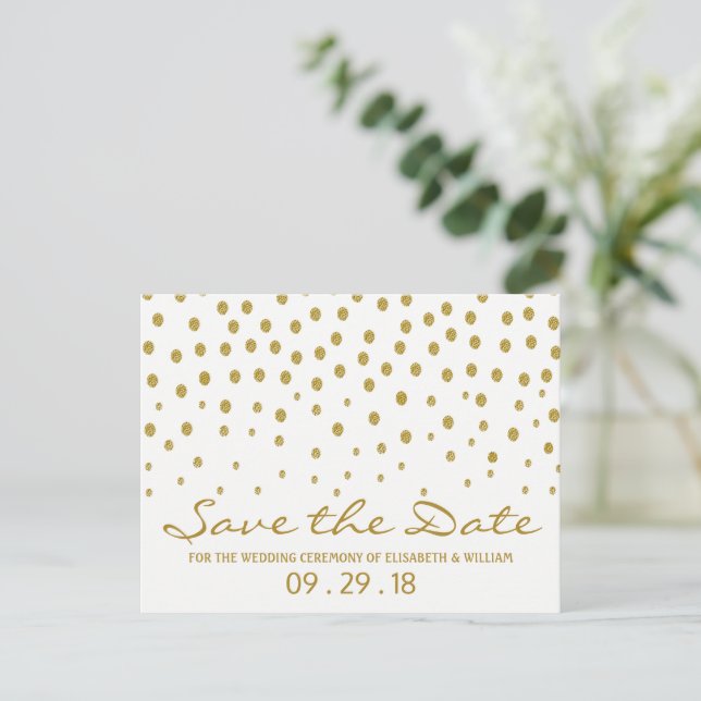 Gold Polka Dot - White & Gold - Save the Date Announcement Postcard (Standing Front)