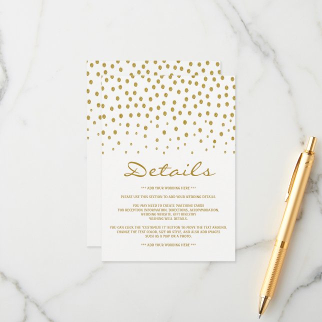 Gold Polka Dot - White & Gold - Wedding Detail Enclosure Card (Front/Back In Situ)
