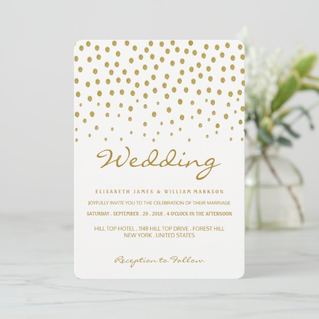 Gold Polka Dot - White & Gold - Wedding Invitation (Standing Front)