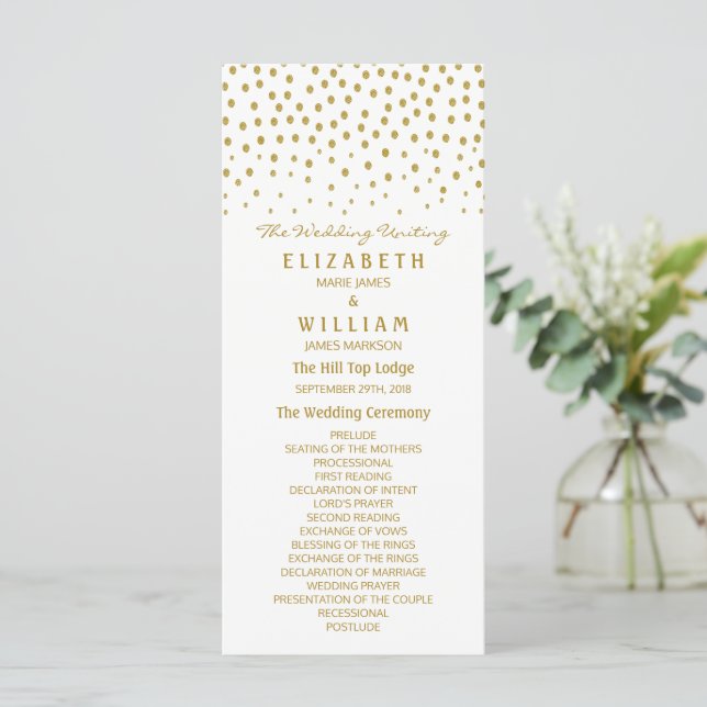 Gold Polka Dot - White & Gold - Wedding Programme Program (Standing Front)
