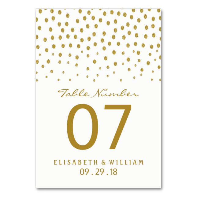 Gold Polka Dot - White & Gold - Wedding Table Number (Front)