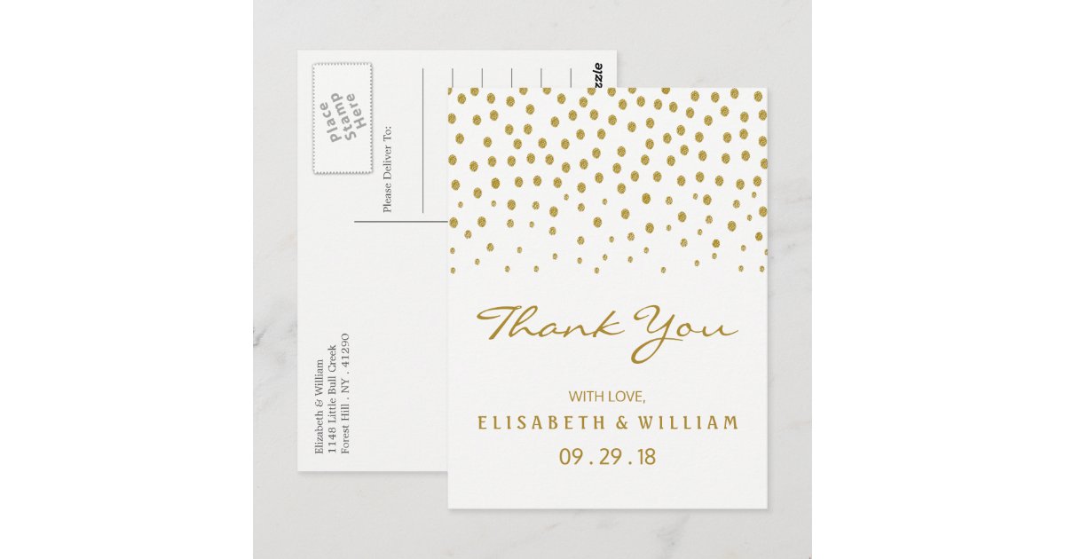 Gold Polka Dot - White & Gold - Wedding Thank You Postcard | Zazzle