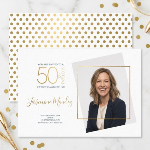 Gold Polka Dots 50 & Fabulous Birthday Photo Invitation