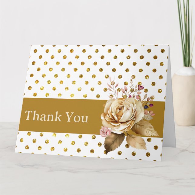 Gold Polka Dots And Gold Rose  Thank You Card (Front)