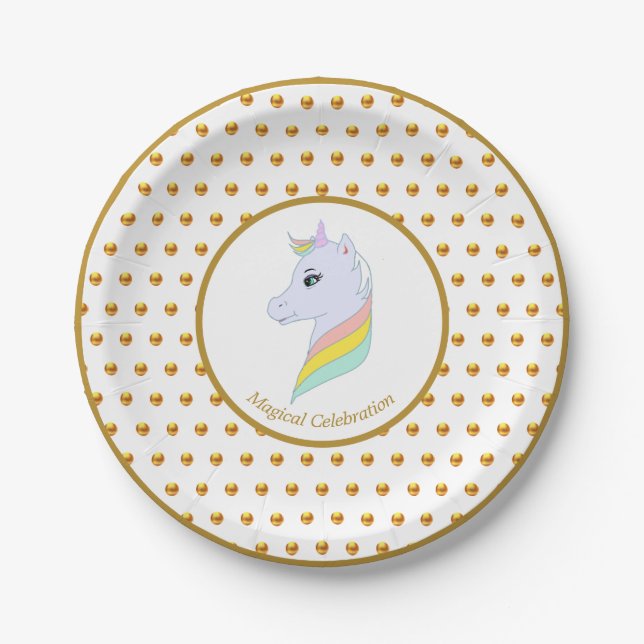 Gold Polka Dots and Unicorn Paper Plates (Front)