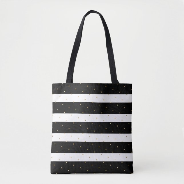 Gold Polka-dots & Black & White Stripes Pattern Tote Bag (Front)