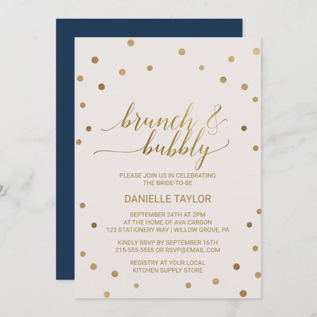 Gold Polka Dots Brunch and Bubbly Invitation (Front/Back)