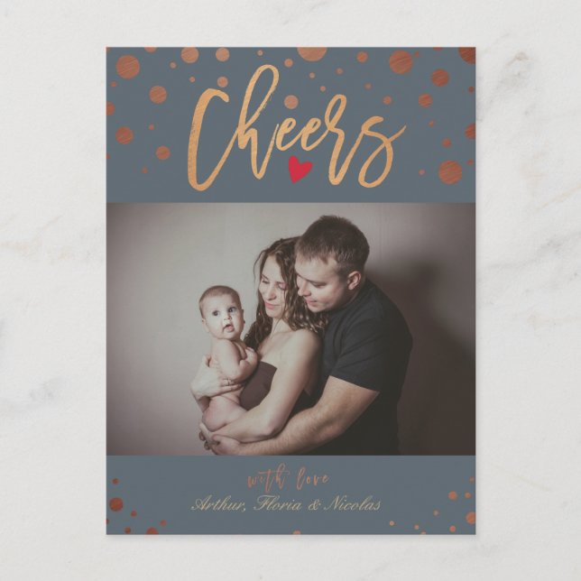 Gold Polka Dots Cheers Script Holiday Family Photo (Front)