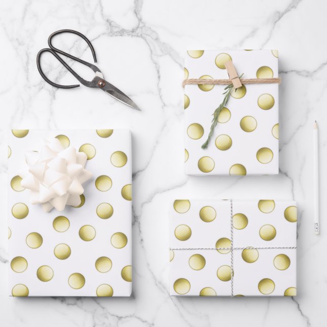 Gold polka dots circles white pattern wrapping paper sheets (Front)