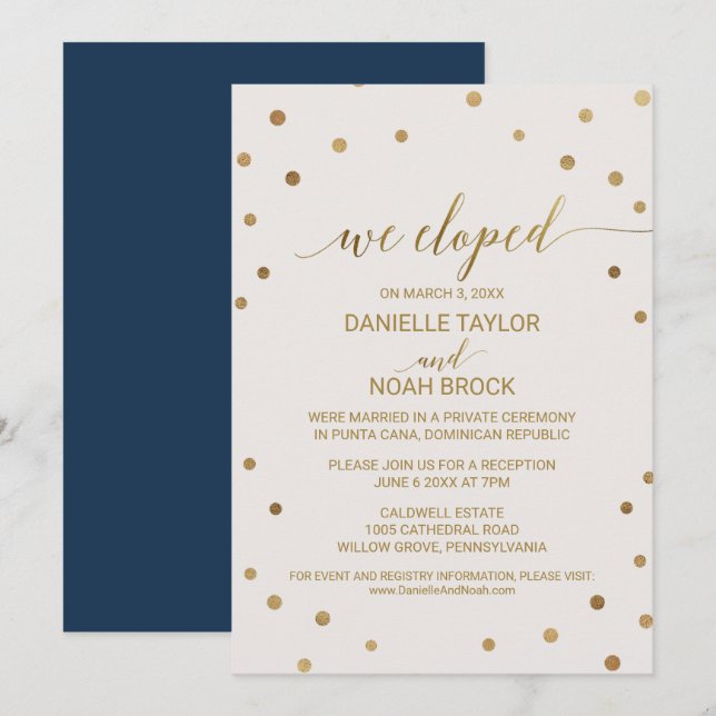 Gold Polka Dots Elopement Reception Invitation (Front/Back)