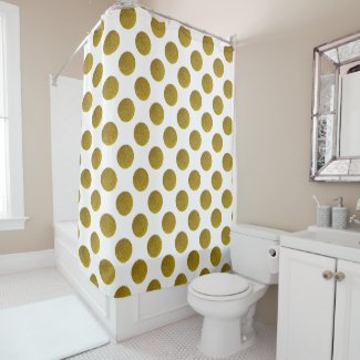 Gold polka dots, glitter retro pattern at white shower curtain
