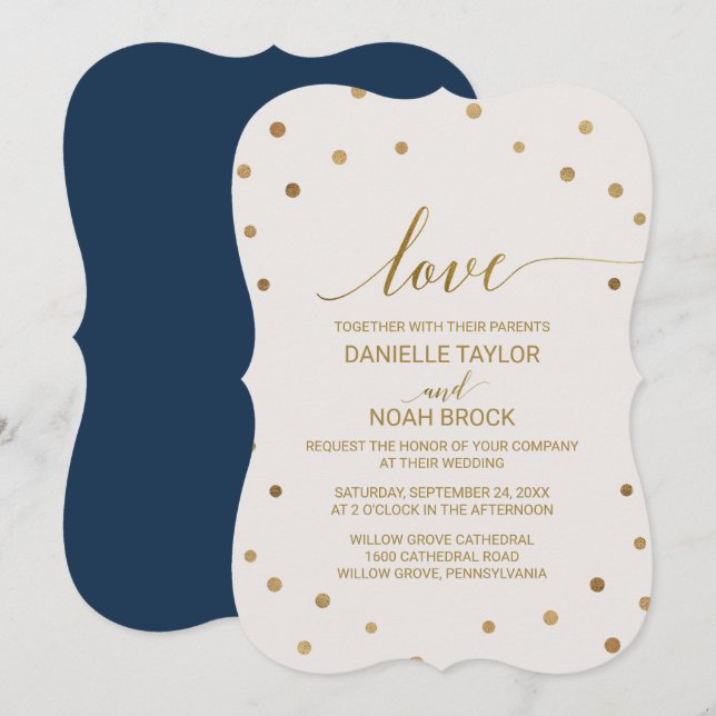 Gold Polka Dots "Love" Wedding Invitation (Front/Back)