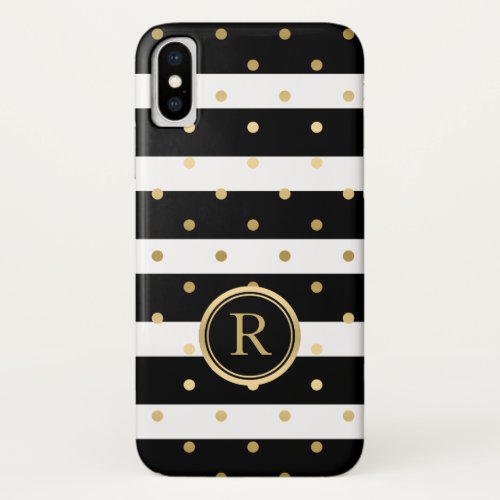 Gold_Polka Dots Modern Black  White Stripes iPhone X Case