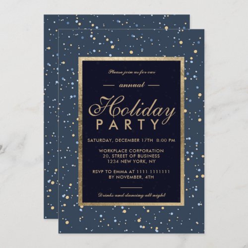 Gold polka dots navy blue winter corporate holiday invitation