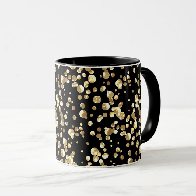 Gold polka dots on a black background . mug (Front Right)