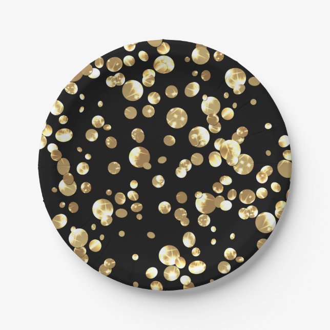 Gold polka dots on a black background . paper plates (Front)