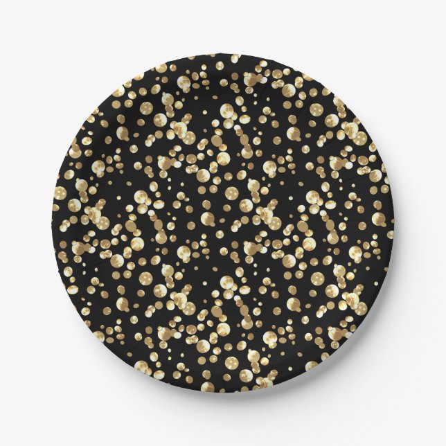 Gold polka dots on a black background . paper plates (Front)