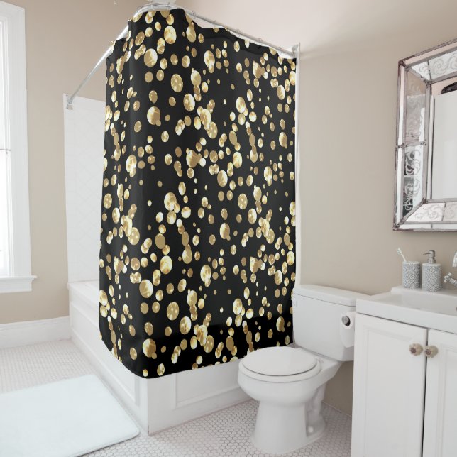 Gold polka dots on a black background . shower curtain (In Situ)