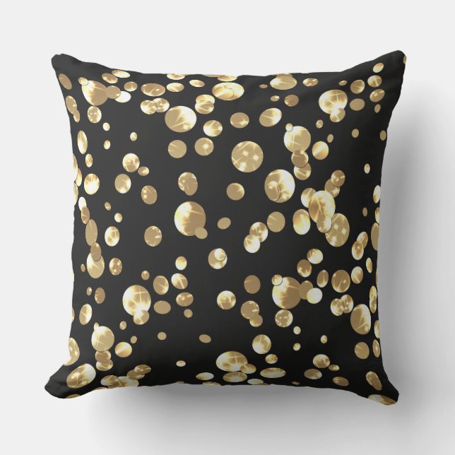 Gold polka dots on a black background . throw pillow (Front)