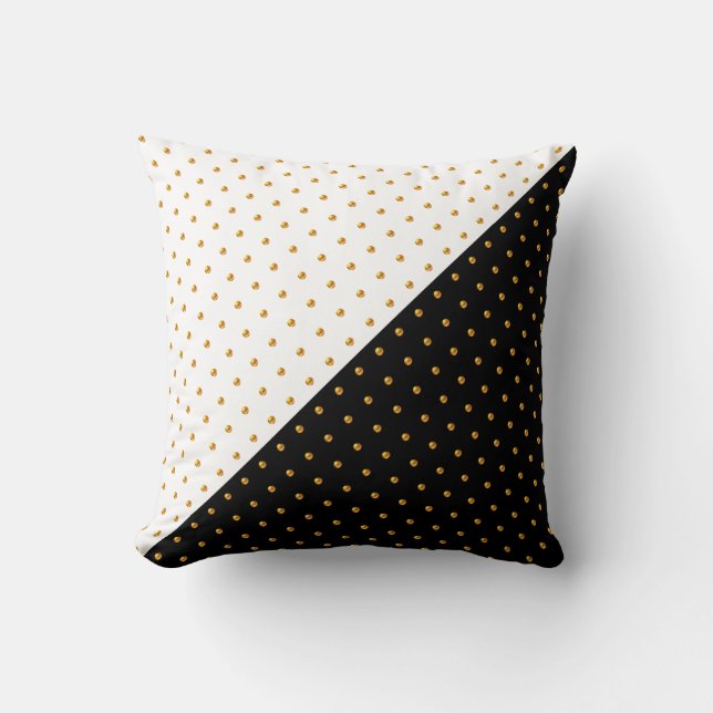 Gold Polka Dots on Black & White Throw Pillow (Front)