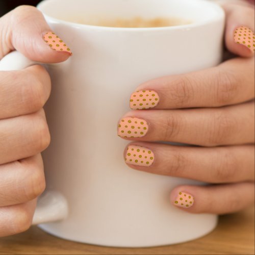 Gold Polka Dots on Coral Pink Nail Acrylics Minx Nail Art